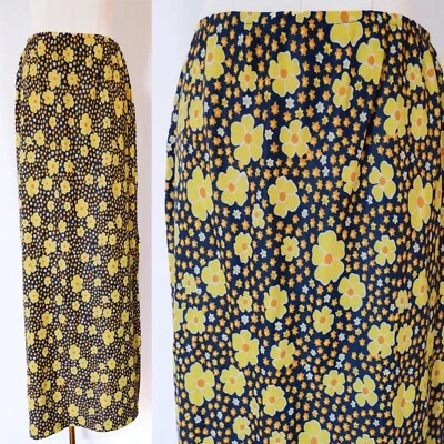Maxi Falda Vintage Años 70 Retro Azul Marino Amarillo Margarita Estampado Floral Flower Power Groovy Foto 1 de 4