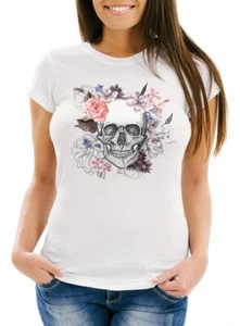 Damen T-Shirt Totenkopf Blumen Flower Skull Boho Schädel Slim Fit Neverless®