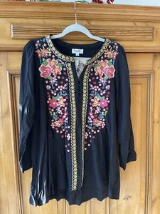 Angel Heart Boutique Womens Black Boho Fall Embroidered Floral Long Tunic Nwt - Picture 1 of 4