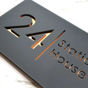 Modern Laser Cut House Sign Matt Gray Perspex & Copper Door Numbers Plaque - Picture 1 of 8