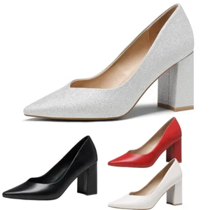 Women High Chunky Block Heel Pointed Toe Elegant Party Slip On Dress Pump Shoes - Picture 1 of 23