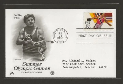 1983 US 13c Postage Stamp Summer Olympic Games Discus FDC Scott #2051a - Image 1 of 2