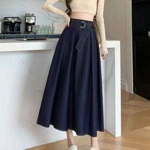 Lady High-waisted A-line Denim Skirt Casual Pleated with Belt Midi Swing Retro - Picture 1 of 12