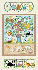 Animal Bird Cat Tree House Fabric Quilt Panel by Kate Mawdsley 24 x 44 - Picture 1 of 1