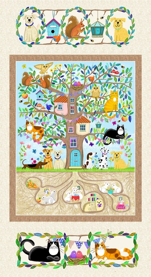 Animal Bird Cat Tree House Fabric Quilt Panel by Kate Mawdsley 24 x 44 - Image 1 of 1