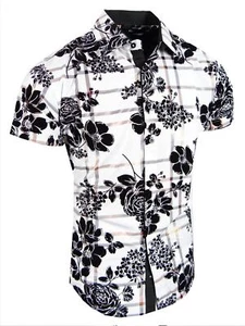 Mens Short Sleeve Shirt Black Velvet Florals Shiny Plaid Print Flip-Cuff Stretch - Picture 1 of 16