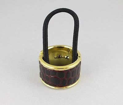 Dark Burgundy ponytail holder cuff faux leather gator hinged gold hair tie genie - Image 1 of 4