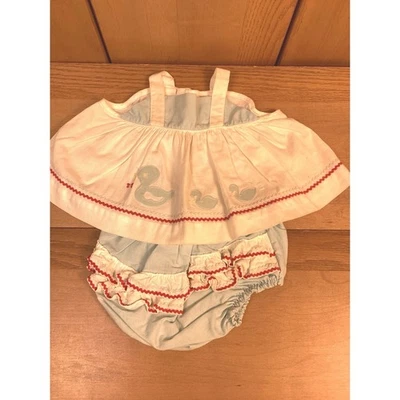 Conjunto de muñeca bebé vintage vestido plástico cubierta de pañal pato rojo blanco azul alforja Foto 1 de 4