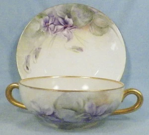 T & V Limoges Cream Soup Bowl & Plate Violets Porcelain France Epiag Czech - Picture 1 of 5