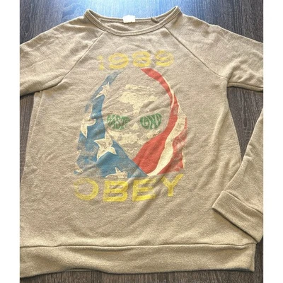 Obey 1989 Graphic Sweatshirt XS Beige Crew Neck Raglan Long Sleeve Pullover - Image 1 of 4