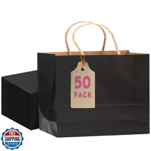 qiqee 50-Packs Black Paper Gift Bags with Handles Bulk 12.6"x4.3"x10" Wide La - Picture 1 of 5