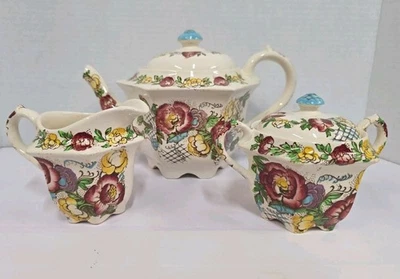 Juego de té floral hexagonal Sadler vintage hecho en Inglaterra rojo y amarillo azúcar crema Foto 1 de 4