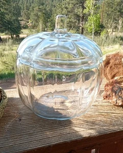 "Frasco de vidrio transparente vintage en forma de calabaza con tapa 8"" de alto galletas dulces decoración de otoño" - Imagen 1 de 5