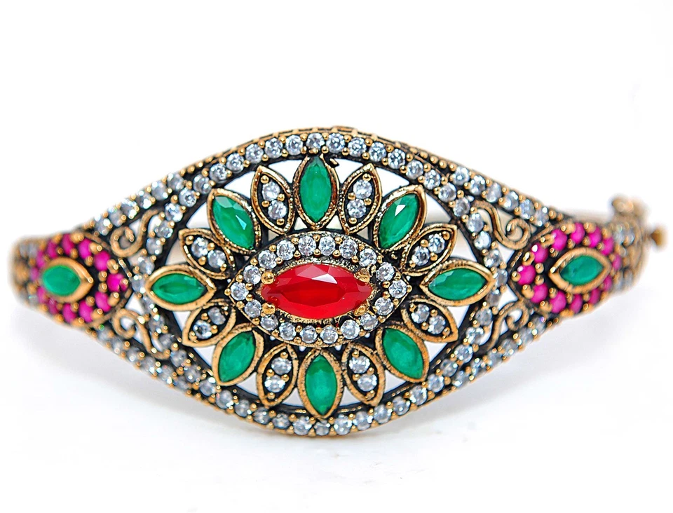 Ottoman Empire Style 12CT Treated Ruby & Garnet 925 Sterling Silver Bracelet  - Image 1 of 3