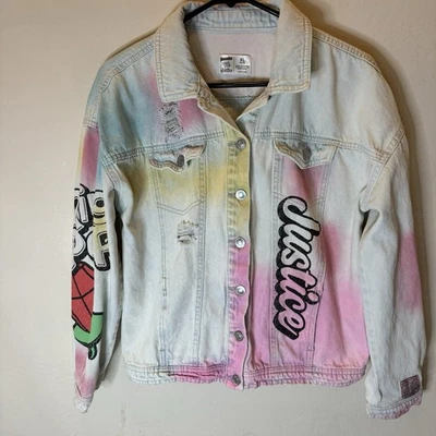 Justice Girls Ring Pop Bazooka Collab Denim Jacket Distressed Colorful  XL 16-18 - Image 1 of 4