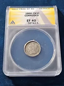 1866 .03 ANACS EF40 Three Cent Nickle, Liberty Three Cent Piece - Picture 1 of 4