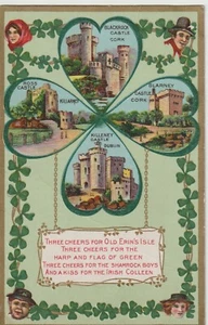 ST. PATRICK'S DAY HOLIDAY POSTCARD, 4 Castles Framed by Shamrock, Verse, Toast - Picture 1 of 2