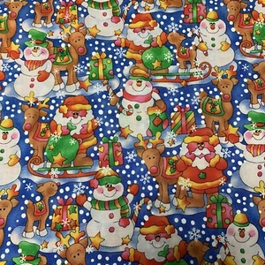 Vtg Christmas Fabric Hobby Lobby Tropical Trading Santa Reindeer Snow Blue BTHY - Picture 1 of 18