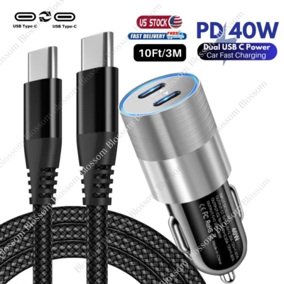 Adaptador carregador de carro duplo tipo C rápido 40W cabo USB C para C para iPhone 15 Samsung - Imagem 1 de 4