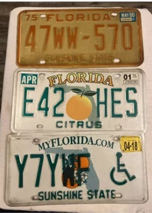 (3) Expired Florida Citrus Sunshine State Handicap License Plate 1975 & 2001 - Picture 1 of 4