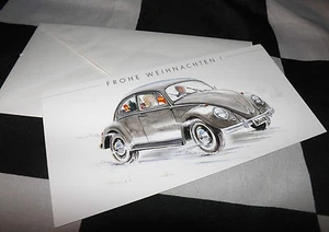 VW VOLKSWAGEN BEETLE KAFER NEW ART PRINT CHRISTMAS FROHE WEIHNACHTEN XMAS CARD - Picture 1 of 1