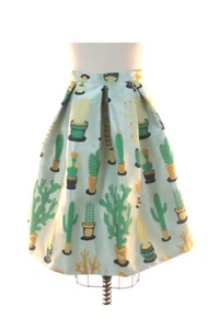 NEW XS FROCK SHOP Light Green Brocade Cactus Pattern Pleated Skirt w Pockets - Picture 1 of 6