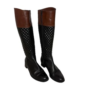 Sesto Meucci Black Brown Tall Quilted Side Zip Leather Riding Boots Womens 7.5 M - Picture 1 of 18