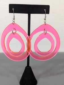 Retro Hot Pink Acrylic Hoop Earrings Layered Teardrop Dangle 80s Y2K Statement - Picture 1 of 5