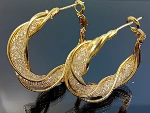 18K Gold Filled Stunning Italian Simulated Diamond 18ct GF Hoop Earrings 35mm - Picture 1 of 9