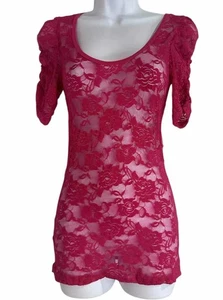 Camicia donna Color Story M rosa pizzo tunica manica a sbuffo trasparente Y2K nylon elasticizzato - Foto 1 di 13