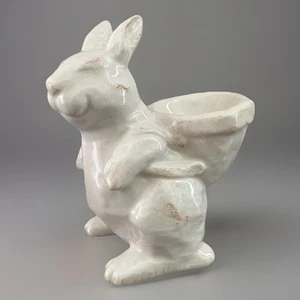 Pottery Barn White Bunny with Basket Egg Cup Glazed Ceramic - Picture 1 of 9