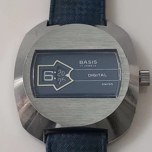 NOS 1960-70'S SWISS BASIS DIGITAL JUMP HOUR MANUAL WIND 17J WATCH + TROPIC STRAP - Picture 1 of 15