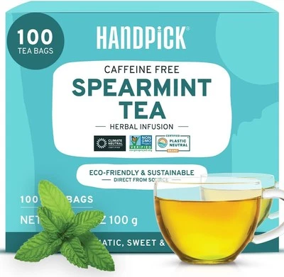 HANDPICK, Spearmint Tea Bags (100 Count) Non-GMO, 100% Pure Spearmint Leaf Tea
