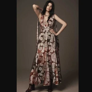 L Farm Rio x Anthropologie Maxikleid ärmellos V-Ausschnitt Jacquard Lurex A-Linie - Bild 1 von 13