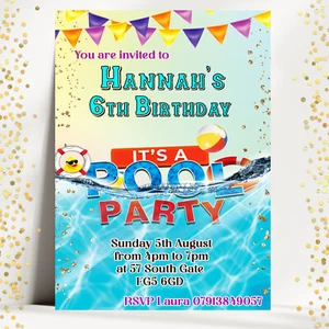 Personalised Stunning Pool Birthday Party Invitations,Swimming Birthday Party - Picture 1 of 5