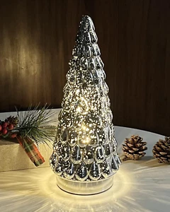 Silver Mercury Glass Christmas Tree, Small Tabletop Christmas Tree with Light, B - Picture 1 of 8