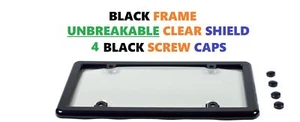 Unbreakable Clear License Plate Tag Shield Cover + Black Frame + 4 Screw Caps - Picture 1 of 14