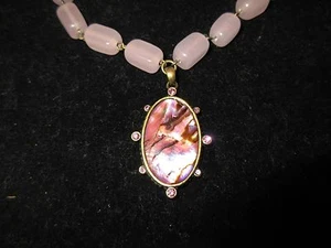 Anne Klein Statement Necklace NWT Genuine Abalone Shell Pendant Rose Rhinestone  - Picture 1 of 9