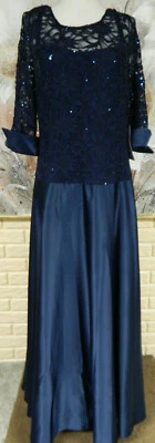 NWT JS COLLECTIONS SZ 14 NAVY LACE/SEQUINS UPPER CHIFFON A-LINE SKIRT LONG DRESS - Image 1 of 4