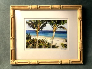 Twin Palms Bahamas Signed Art by John Paul Bamboo Style Frame 9" x 11" - Picture 1 of 8