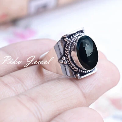 Grande anello da uomo in argento sterling 925 con pietra preziosa in onice ne... - Immagine 1 di 4