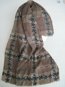 Calvin Klein 100% silk scarf, taupe with navy blue flowers, 51 1/2" X 14 1/2" - Picture 1 of 3