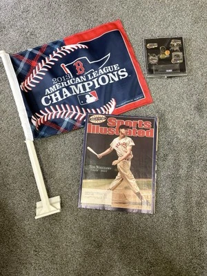 Boston Red Sox Fan Lot 2007 WS Champions 5 Pin Set 2002 Ted Williams SI ‘13 Flag - Image 1 of 4