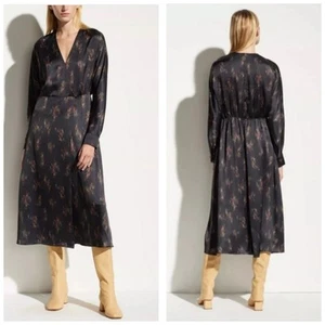 Vince Wisteria Wrap Midi Dress Size Medium Satin Floral Long Sleeve Classic - Picture 1 of 14