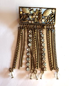 Vintage Messing Ton Multi Strang Kette Strass Brosche Anstecknadel - Bild 1 von 4