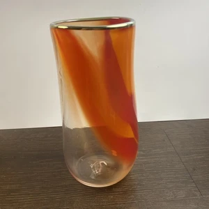 Vivid Studio Art Glass Vase Modern Red And Yellow Heavy Glass Artist Signed 9.5” - Picture 1 of 6