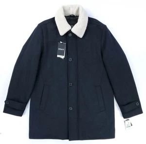 DKNY Men's L Wool Blend Coat with Removable Faux Fur Collar Navy Blue NWT - Picture 1 of 12