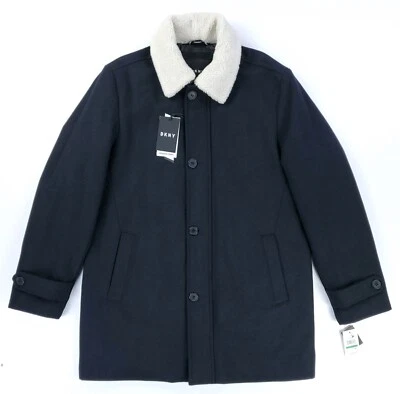 DKNY Men's L Wool Blend Coat with Removable Faux Fur Collar Navy Blue NWT - Image 1 of 4