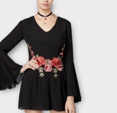 Y2K Romper In Black Silk With Rose Embroidery & Zip Back Chiffon Size Large - Image 1 of 4