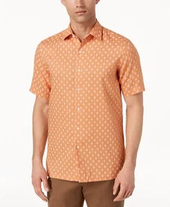 $244 Tasso Elba Men'S Classic-Fit Orange White Short-Sleeve Linen Shirt 15-15.5 - Picture 1 of 2